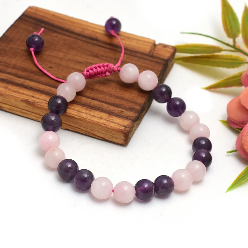 Rose Quartz Amethyst Adjustable 8mm Beaded Healing Bracelet
