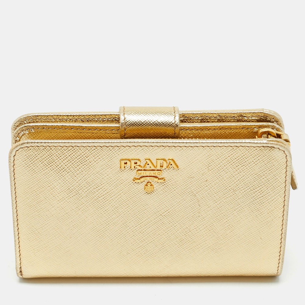 Prada Gold Saffiano Metal Leather French Wallet