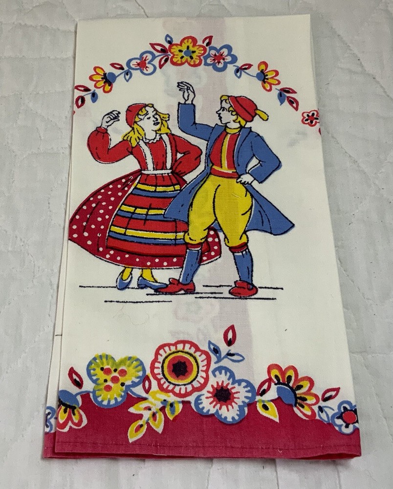 Vintage Kitchen Towel, Cotton, Printed Design, European Couple Dancing, Flowers