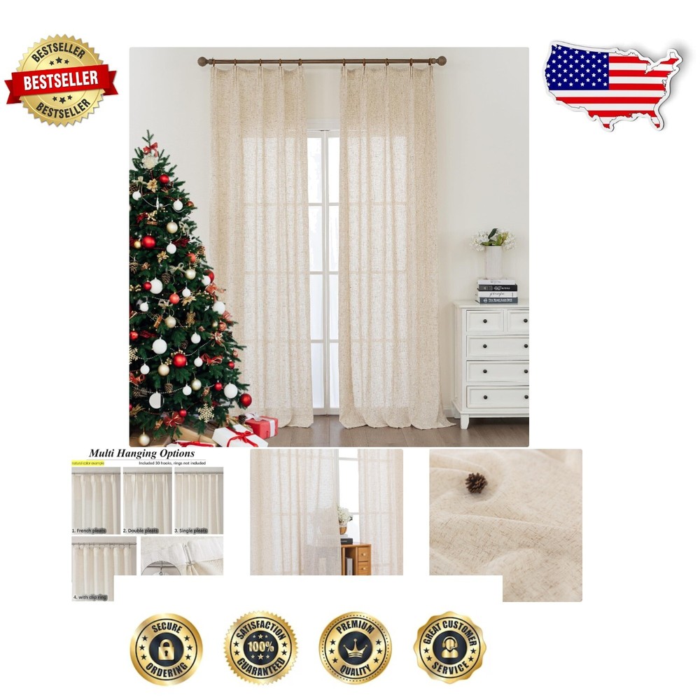 102 Inch Faux Linen Pinch Pleat Curtains with Hooks - 2 Panel Set for Elegance