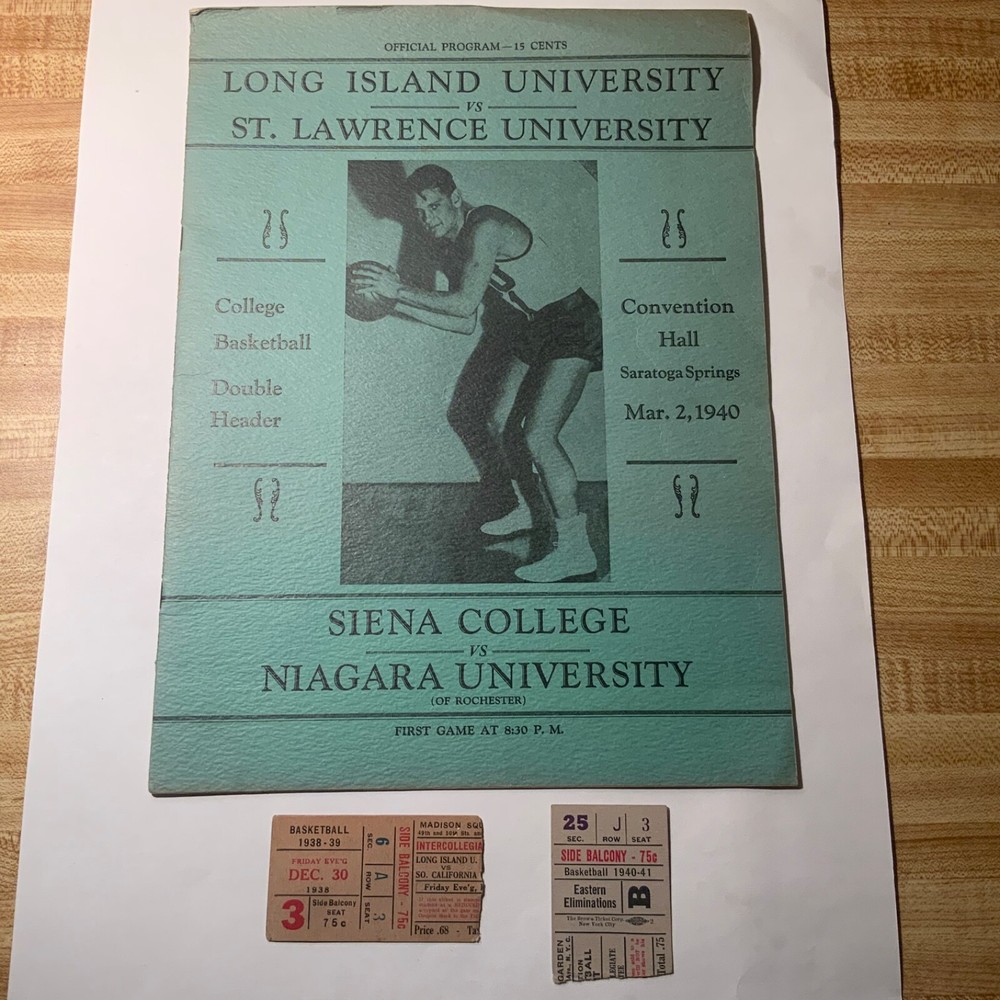 1939 & 1941 NIT Basketball champs Long Island U! 2 ticket stubs + program VG-EX