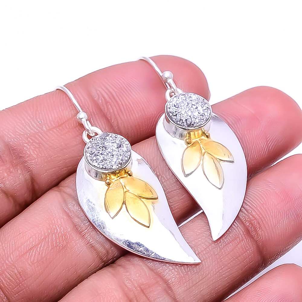 Silver Titanium Agate Drusy 925 Sterling Silver Two Tone Leaf Earring 1.95