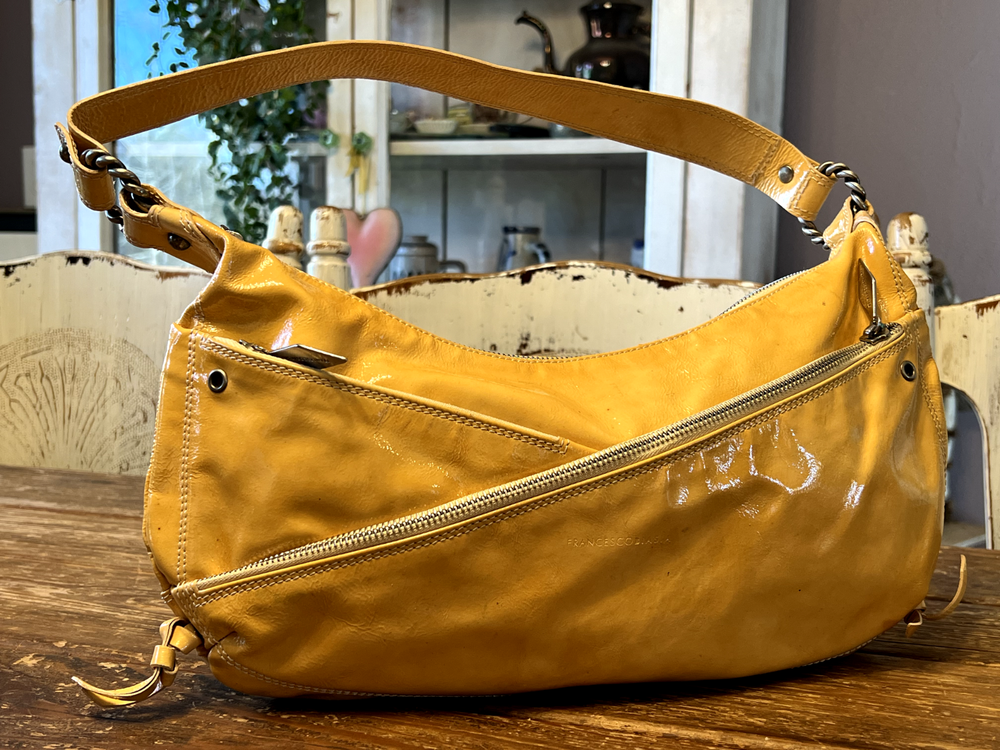Patent Leather Butterscotch Colored Handbag with Satin Lining