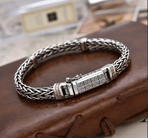 NEW MEN'S WOMEN'S GREEK KEY SILVER COPPER  BRACELET WOVEN ROPE CHAIN 8.66 INCHES