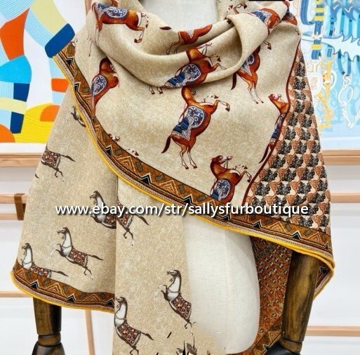 Sallys 70% Cashmere & 30% Silk Wrap Scarf Horses Print Double Face Shawl 53