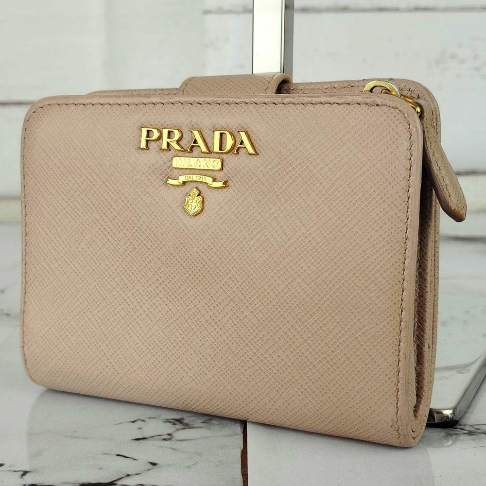 Prada Saffiano Leather Beige Bifold Wallet for Women Pre-Owned