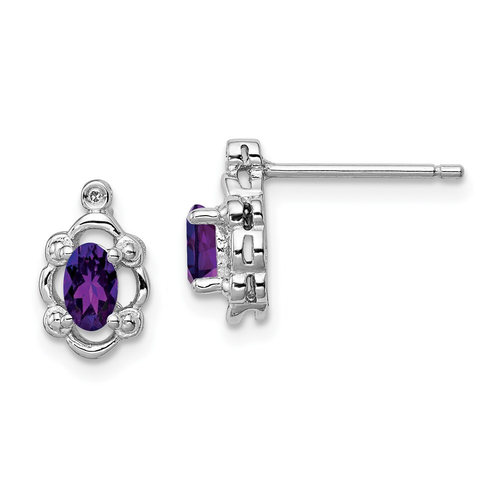 Sterling Silver Rhodium-plated Amethyst & Diamond Stud Earrings 1.21gm