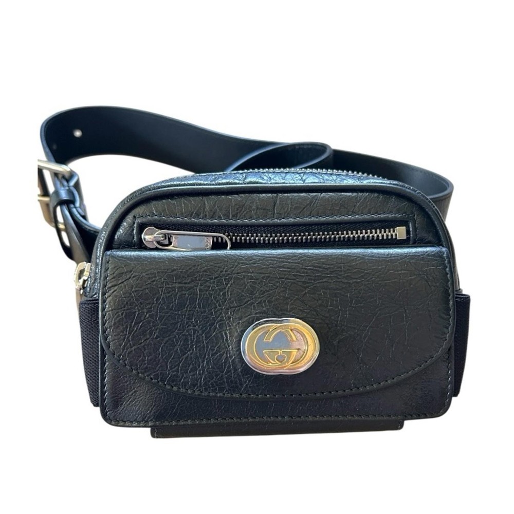GUCCI Black Cracked Calfskin Morpheus Belt Bag