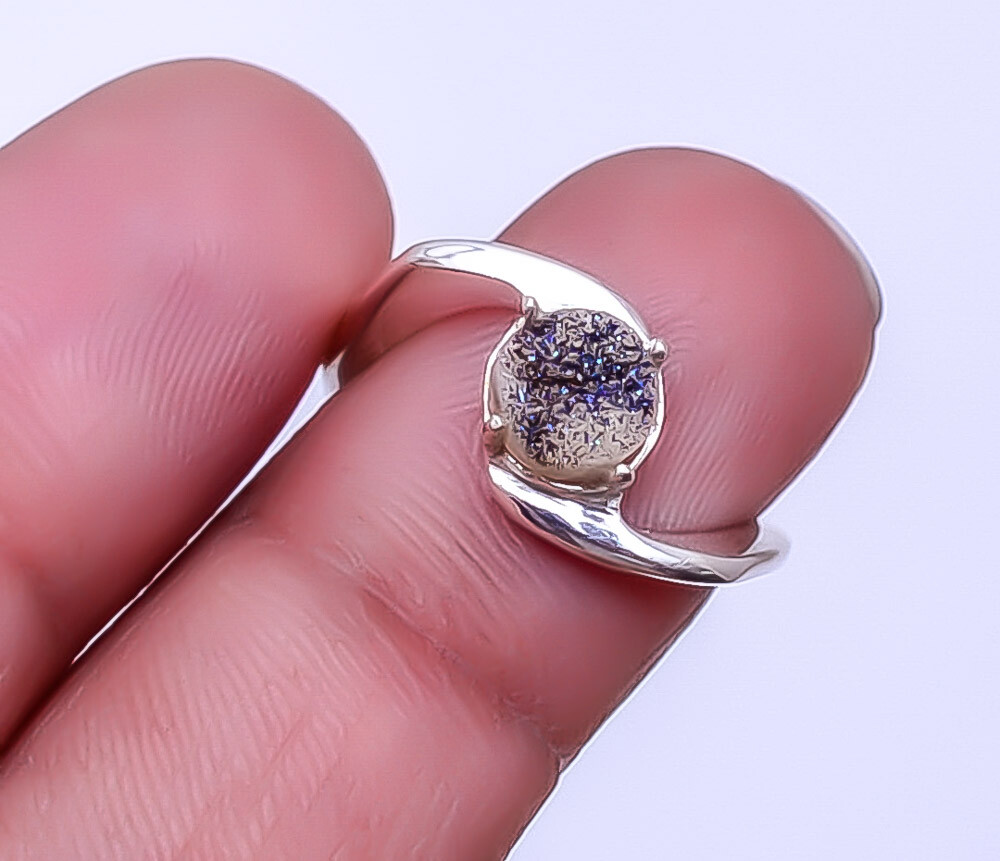 Electric Blue Titanium Agate Drusy 925 Silver Ring S.5 R19, Valentin's Day
