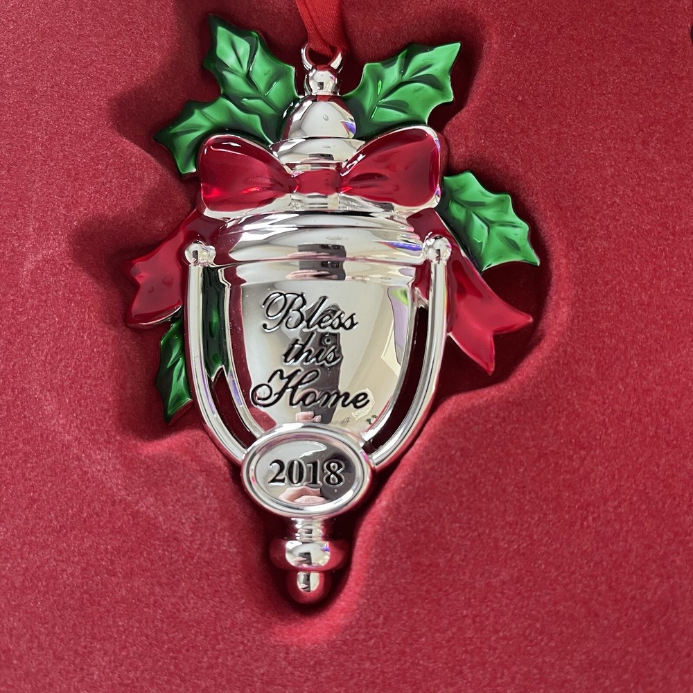 LENOX 2018 Bless This Home Ornament Silver Doorknocker Red Ribbon/Green Holly