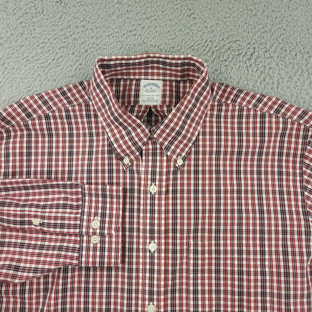 Brooks Brothers Dress Shirt Mens XL Red Plaid Slim Fit Non Iron Supima Cotton