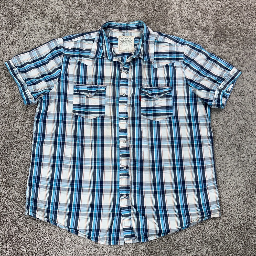 Levis Shirt Mens XL Blue Plaid Pearl Snap Country Ranch Western Rodeo Distressed