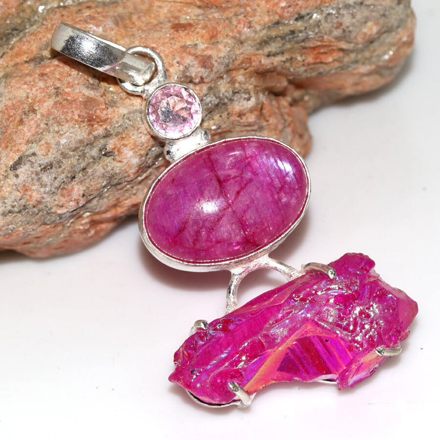 925 Silver Plated Pink Titanium Aura Quartz Pink Moonstone Pendant 2.2
