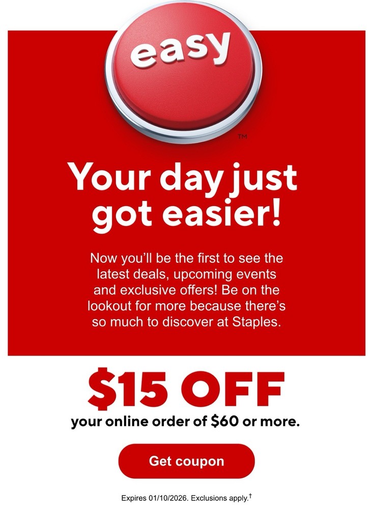 STAPLES $15 off $60 or More Coupon Online Expires 1/25/2026-image