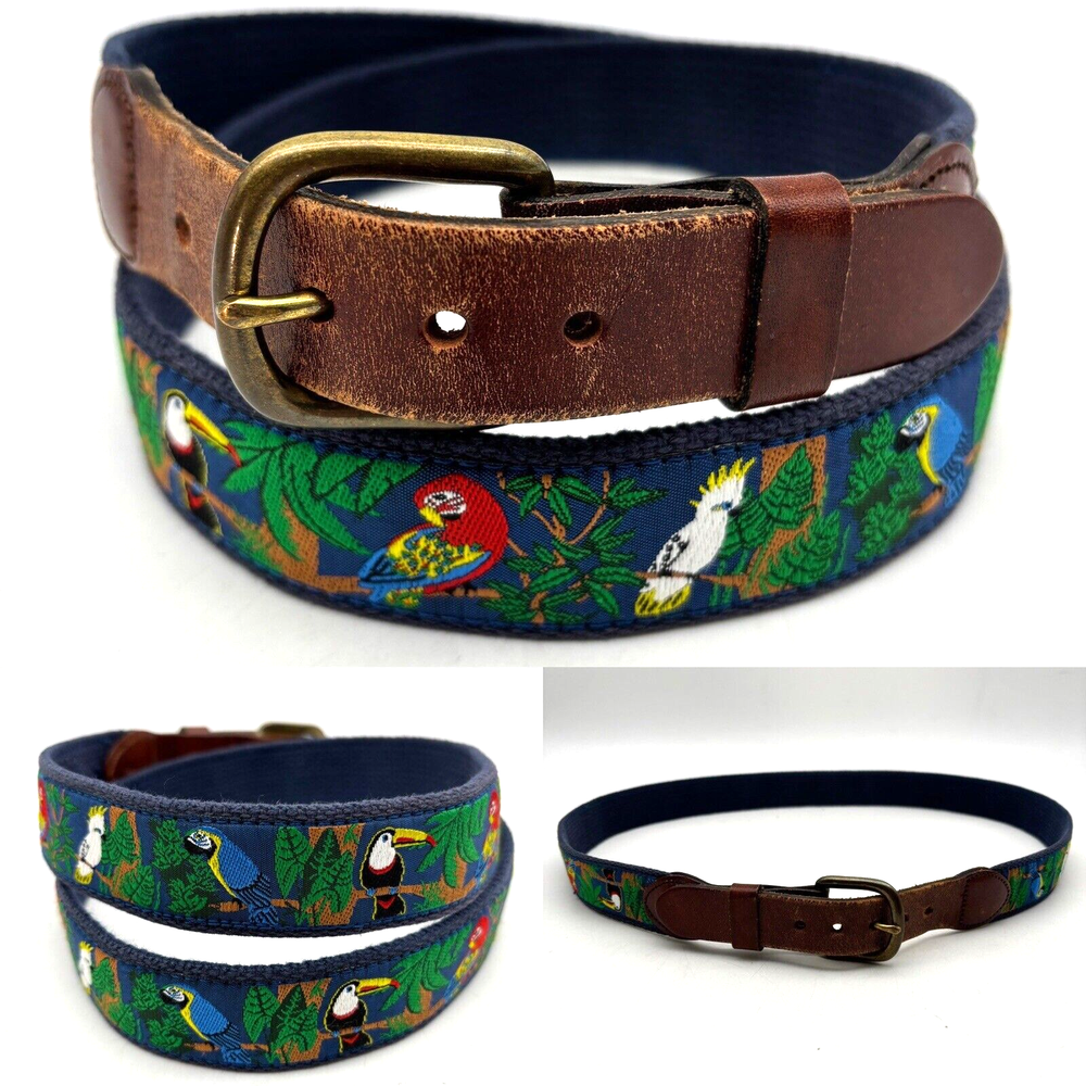 Vintage 90s Leather Man Limited Tropical Birds Blue Canvas Belt 38 USA Handmade