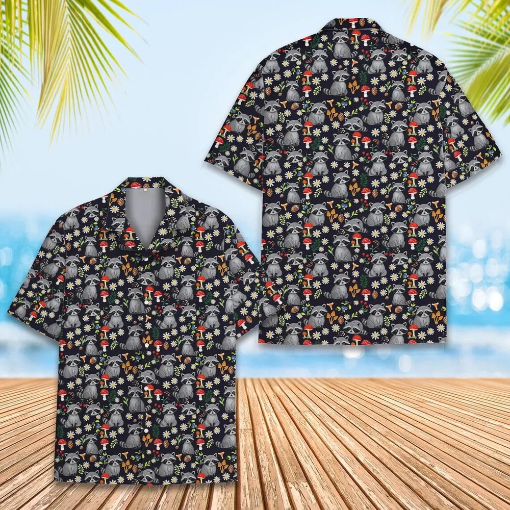 Raccoon And Mushroom Hawaiian Shirt , Button Down Full Size S-5XL