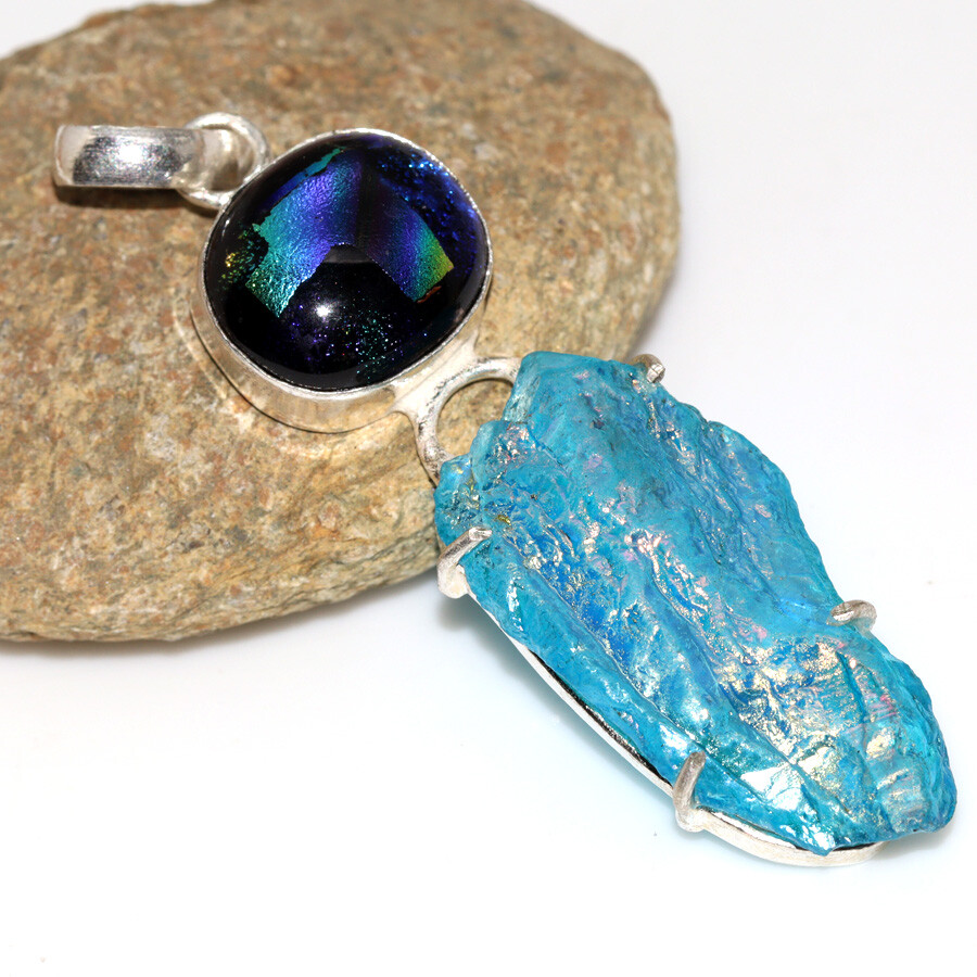 Blue Titanium Aura Quartz Dichroic Glass Long Pendant Jewelry Size 2.7