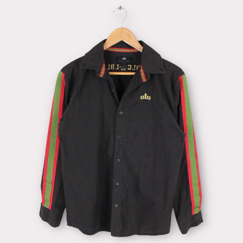 Blac Label Button Up Shirt Black Red Green Stripe Long Sleeve Youth Boys XL