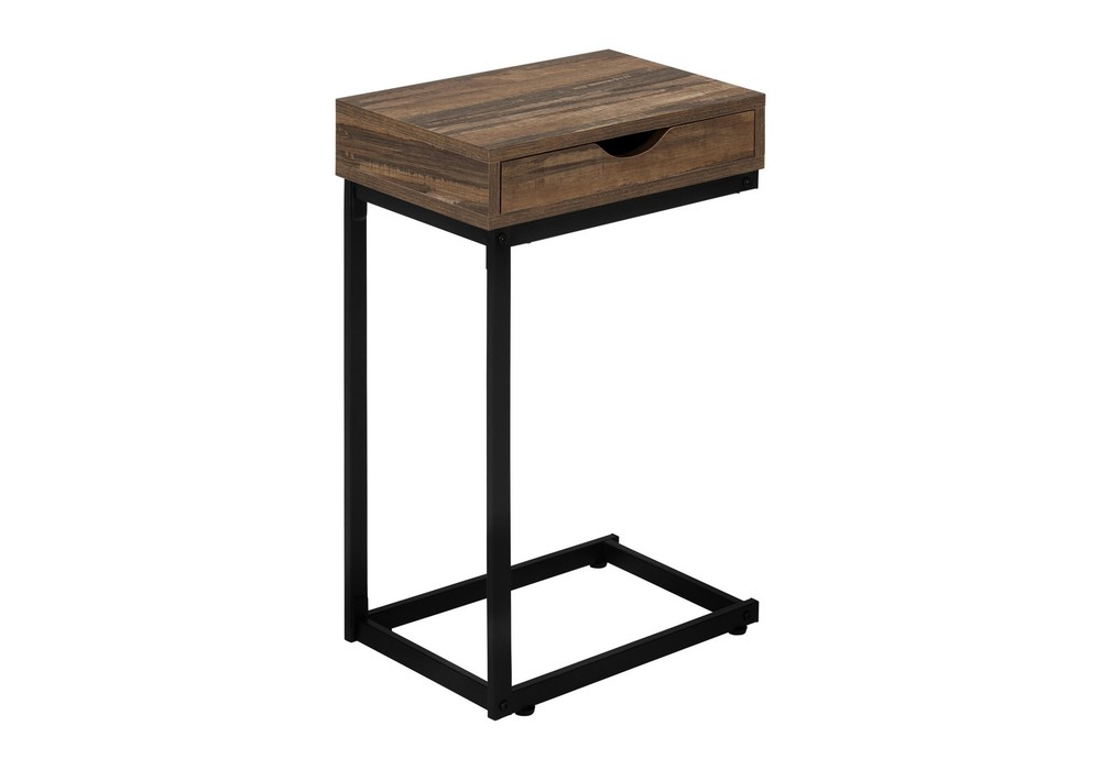 C-Shaped Accent Table with Storage Drawer Brown Laminate Top Black Metal