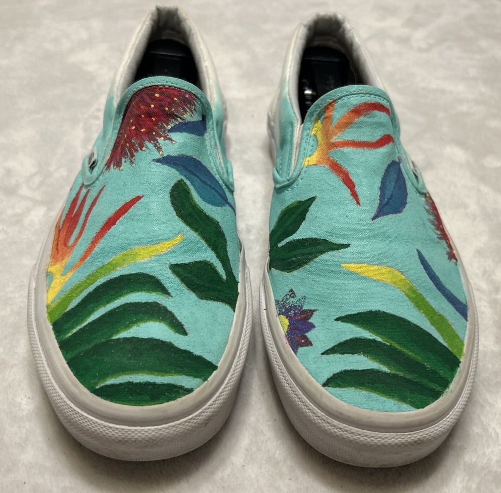Vans Women’s Shoes Size 9 Blue Custom Paint Tropical Slip On Skate Off The Wall