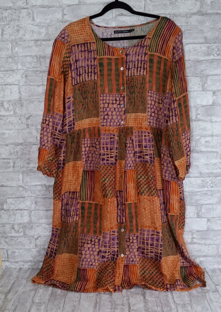 Gudrun Sjoden Patchwork Midi Dress Womens M Button Front Linen Blend Lagenlook