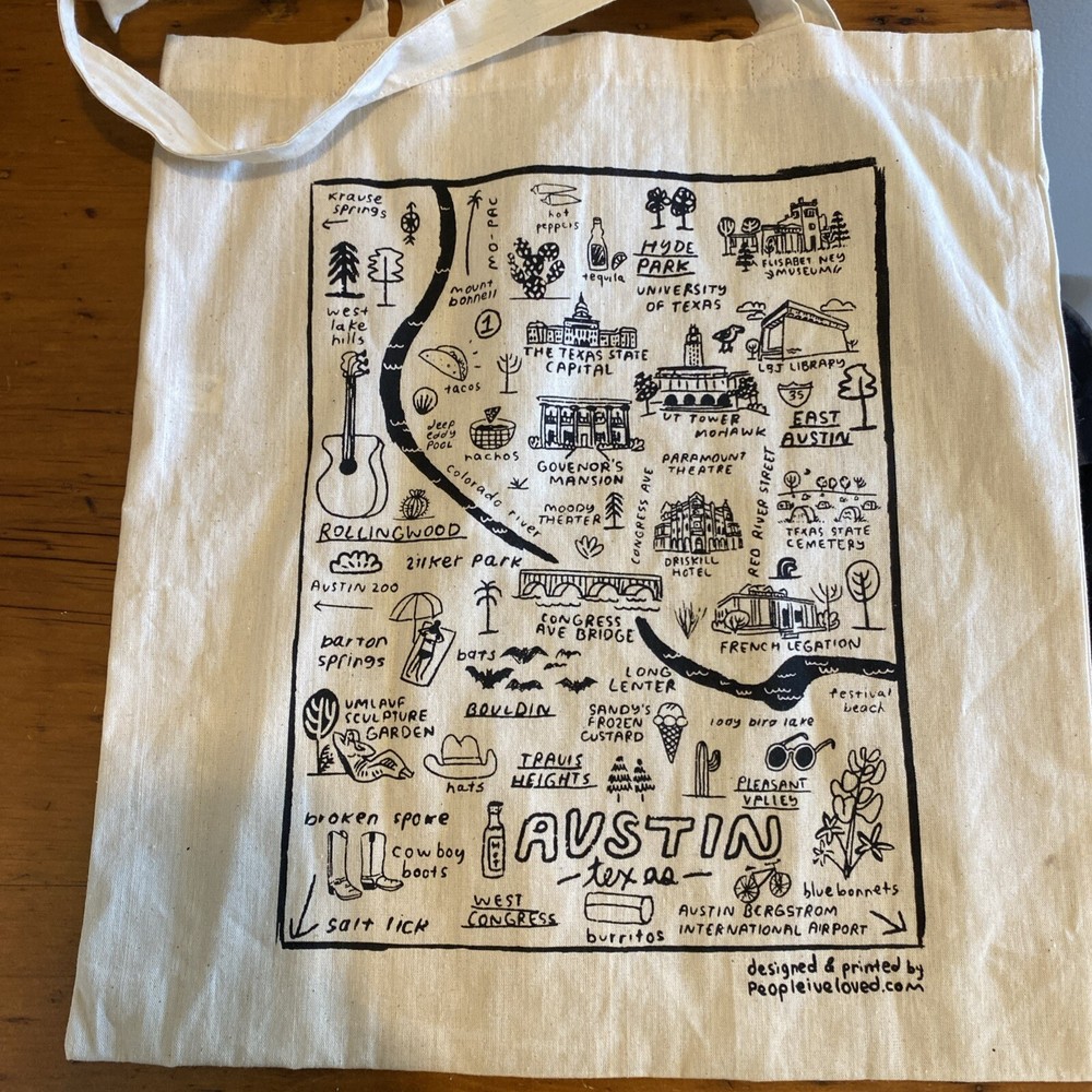 Cotton Tote Bag Austin Texas Canvas Beige Local Landmarks Printed