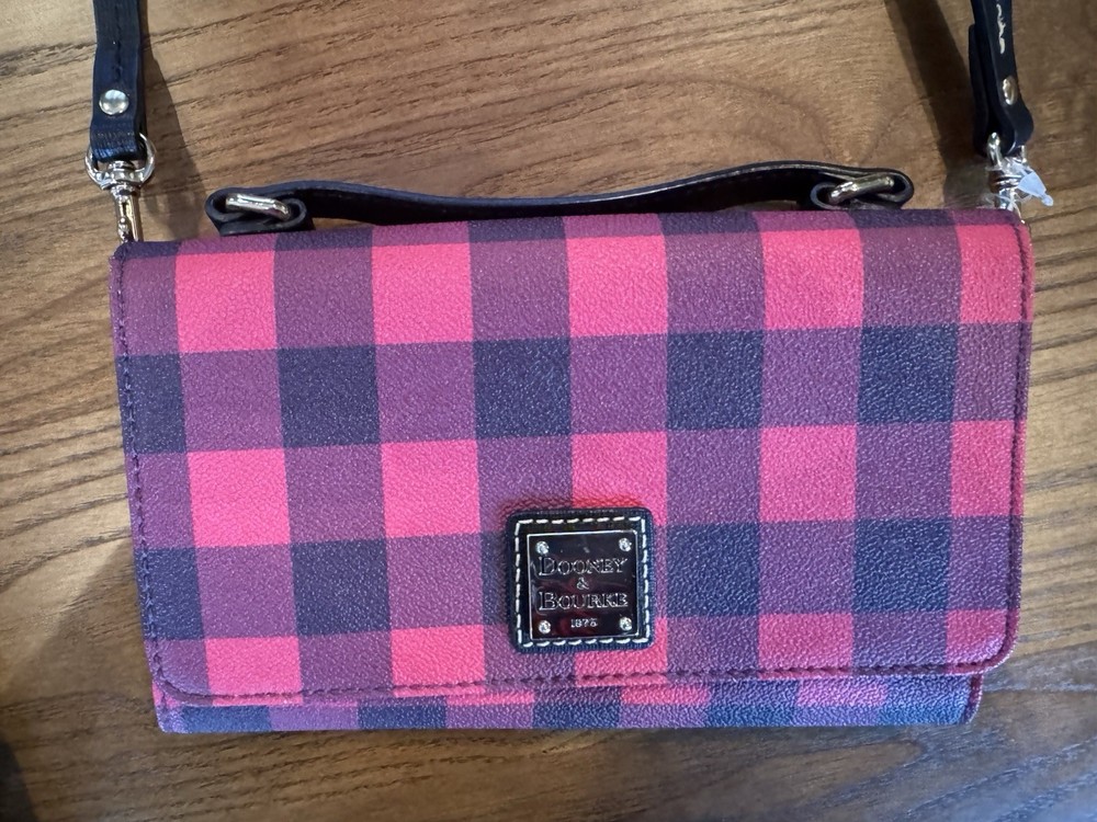 Dooney & Bourke Red Plaid Wristlet Wallet with Logo, Card Slots, and Checkbook