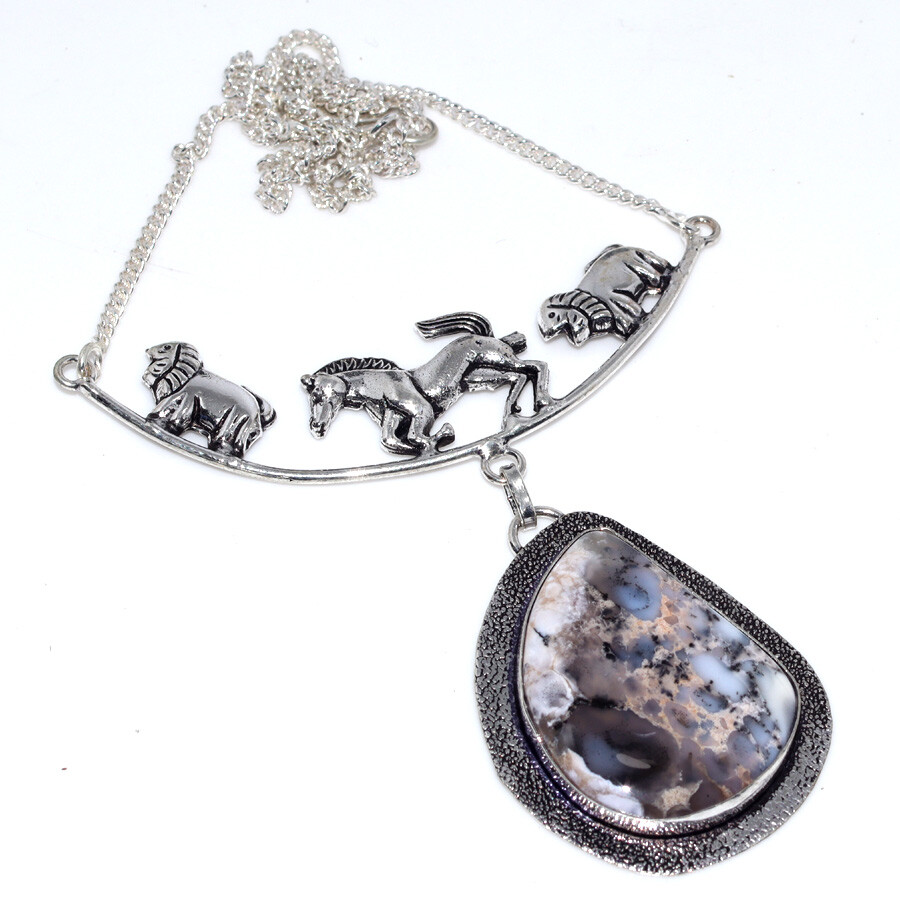 Dendritic Opal 925 Silver Plated Horse Necklace 16