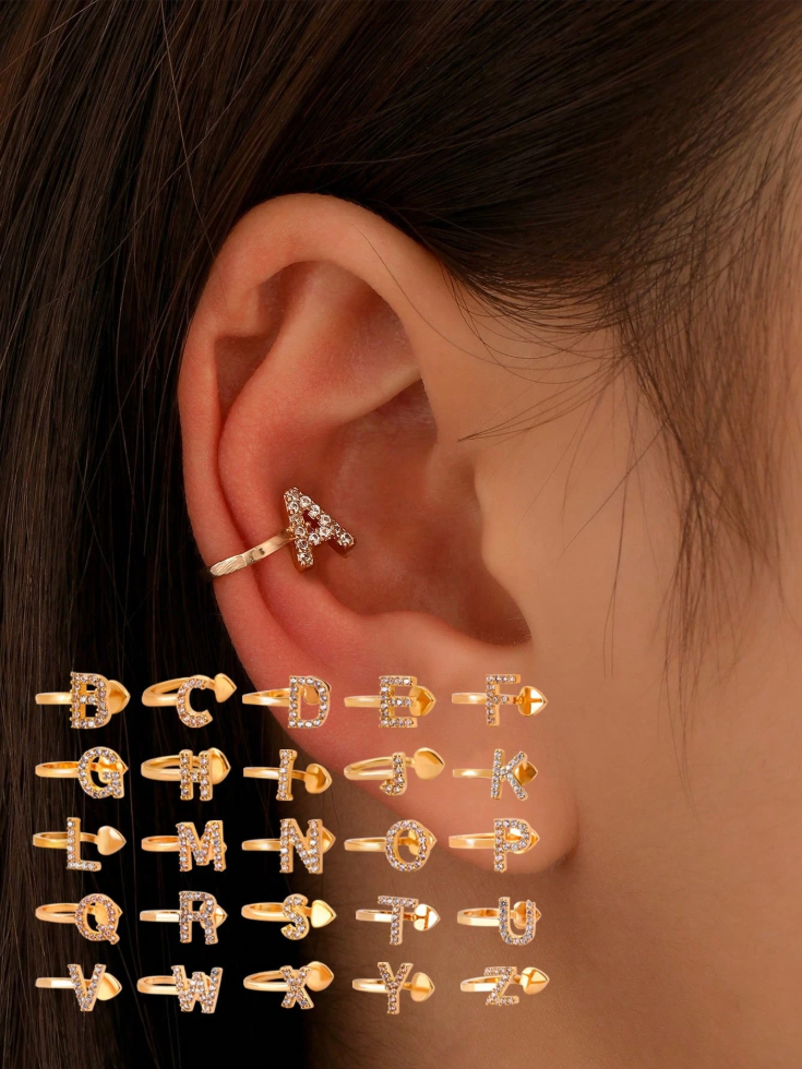 1PC Gold Rhinestone Letter Clip-On Earrings for Everyday Wear