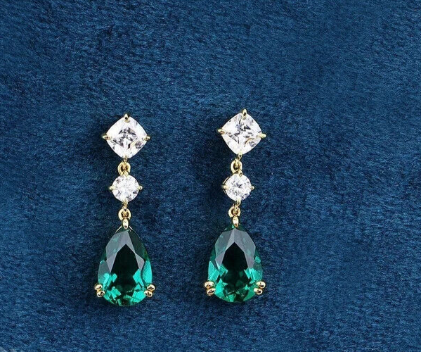 4-Pear Simulated Emerald Drop Earrings in 14k Gold Plated