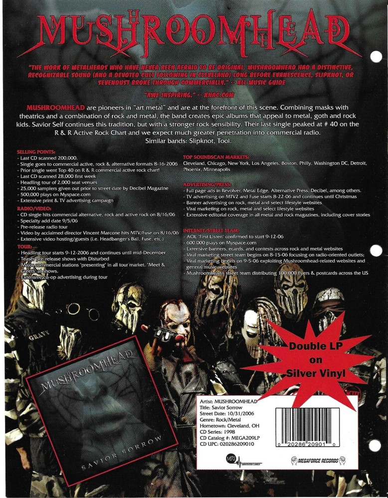 MUSHROOMHEAD Rare VINTAGE 2006 PROMO TRADE AD Poster of Savior Vinyl 8.5x11 MINT