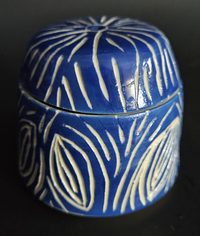 Glazed Pottery Trinket Dish With Lid Hand Carved Signed