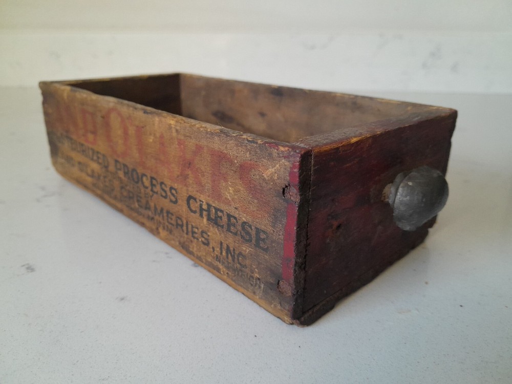Vintage Primitive Drawer Land O' Lakes Wood Box 2 lbs American Cheese Dairy 4x8