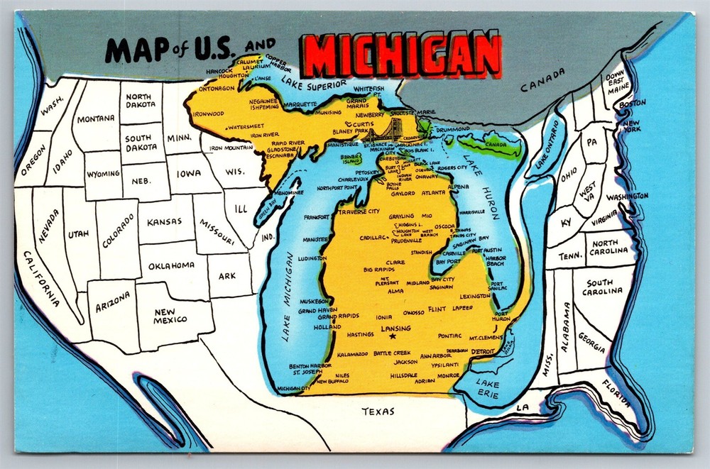Greetings From The State Of Michigan MI Distorted Map Postcard AD5