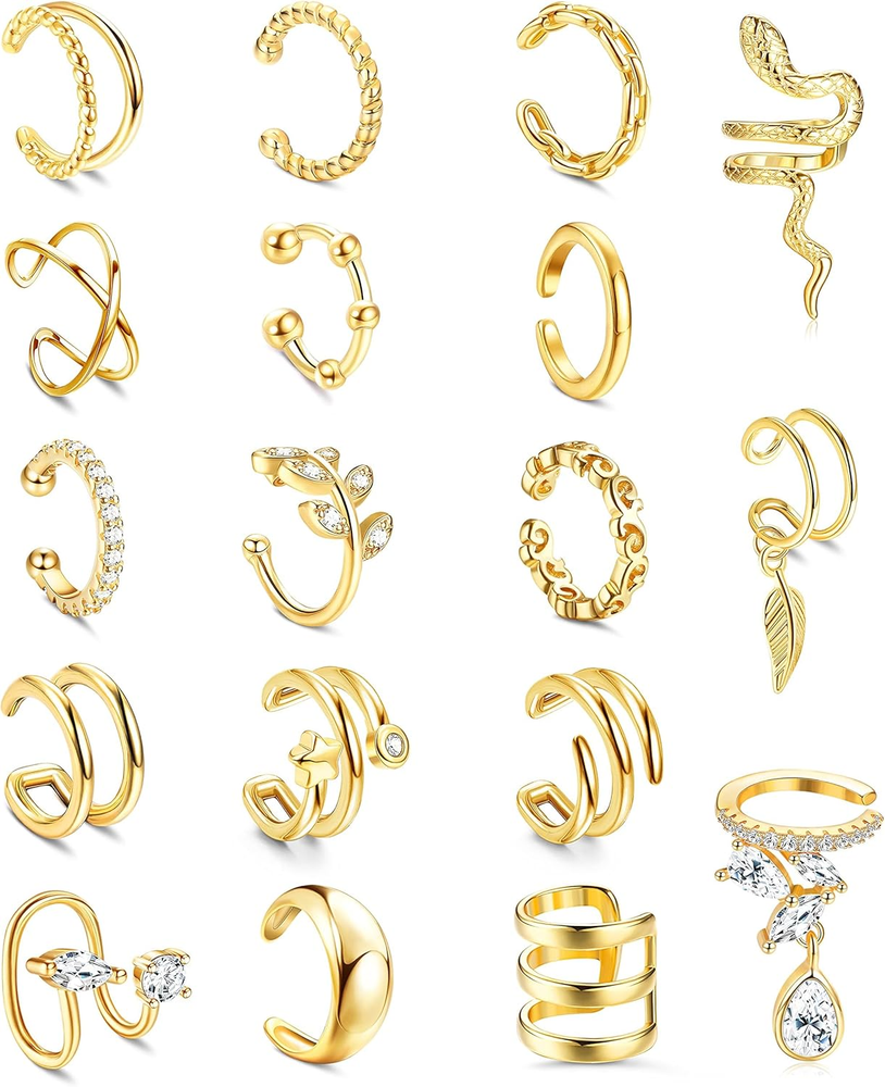 18Pc Gold Non-Piercing Adjustable Ear Cuff Earrings for Women Clip-On