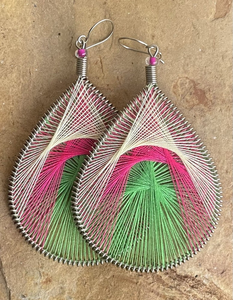 Boho Peruvian Handmade Teardrop Earrings in Red Green Yellow Silk Thread