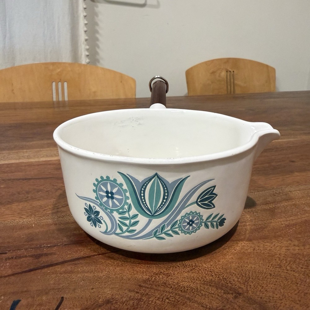 Vintage Prizer Ware Enamel Saucepan Floral Scandinavian Folk Wood Handle 6”