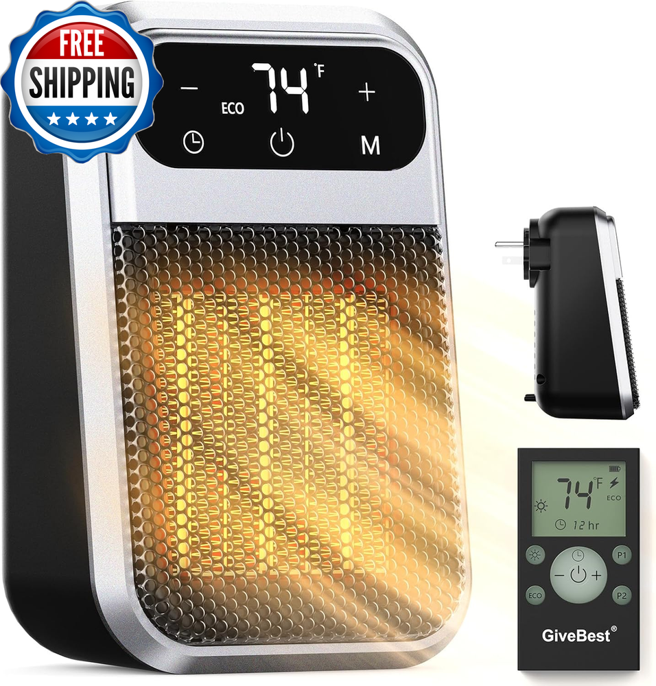 800W Wall Outlet Space Heater with Remote,Led Display Small Plug in Electric Hea