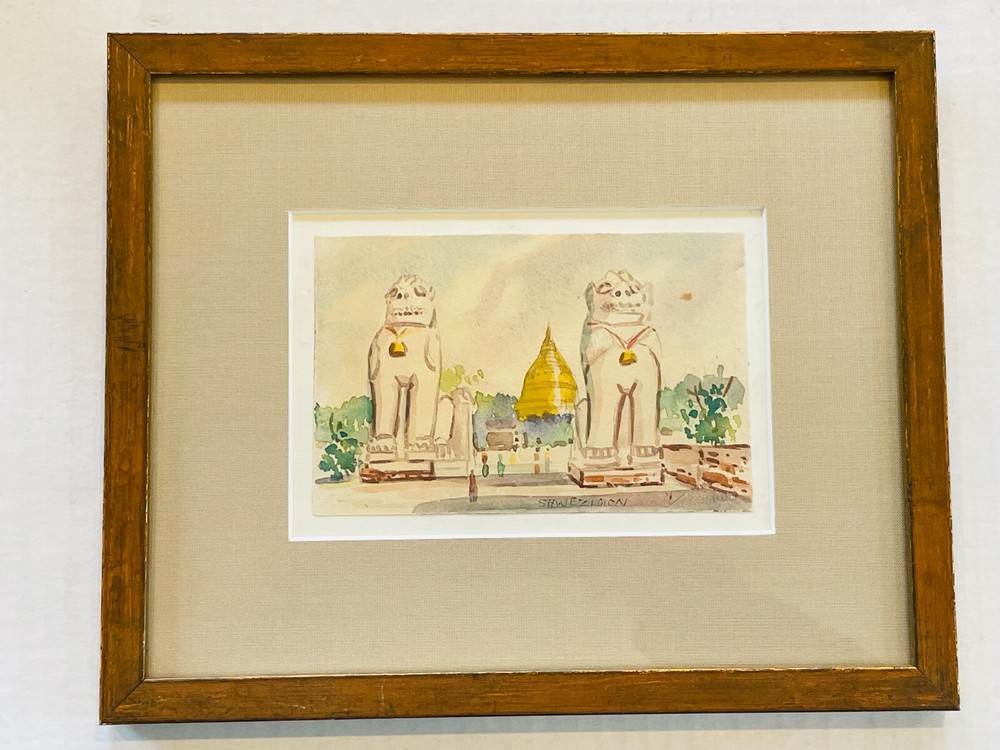 Original Watercolor Myanmar Shwezigon Pagoda Signed Matted & Framed 9 x 11