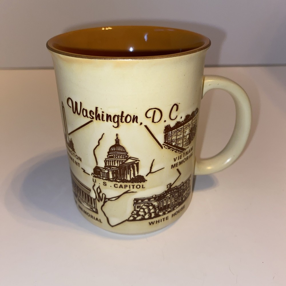 Vintage Washington DC Capital Souvenir Coffee Cup Mug  Engraved Tan Brown