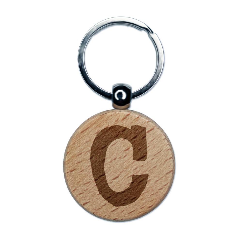 Letter C Uppercase Cute Typewriter Font Engraved Wood Round Keychain Tag Charm