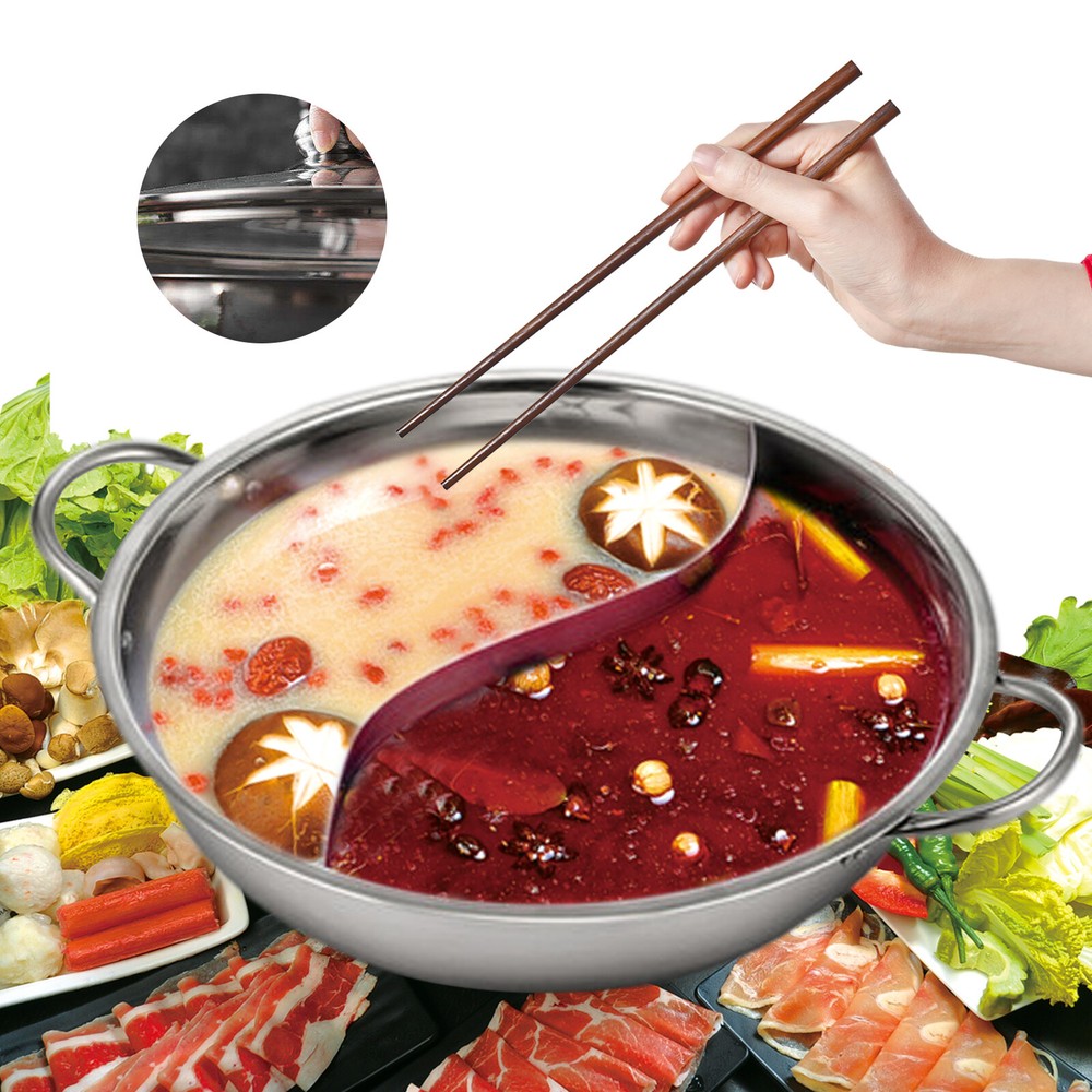 Electric Hot Pot Shabu Dual Site Cooker Kitchen Cookware & Lid Stainless Steel
