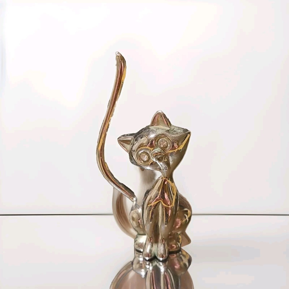 Vintage Small Adorable Vintage Shiny Brass Cat Figurine with Tail Up CZ Eyes