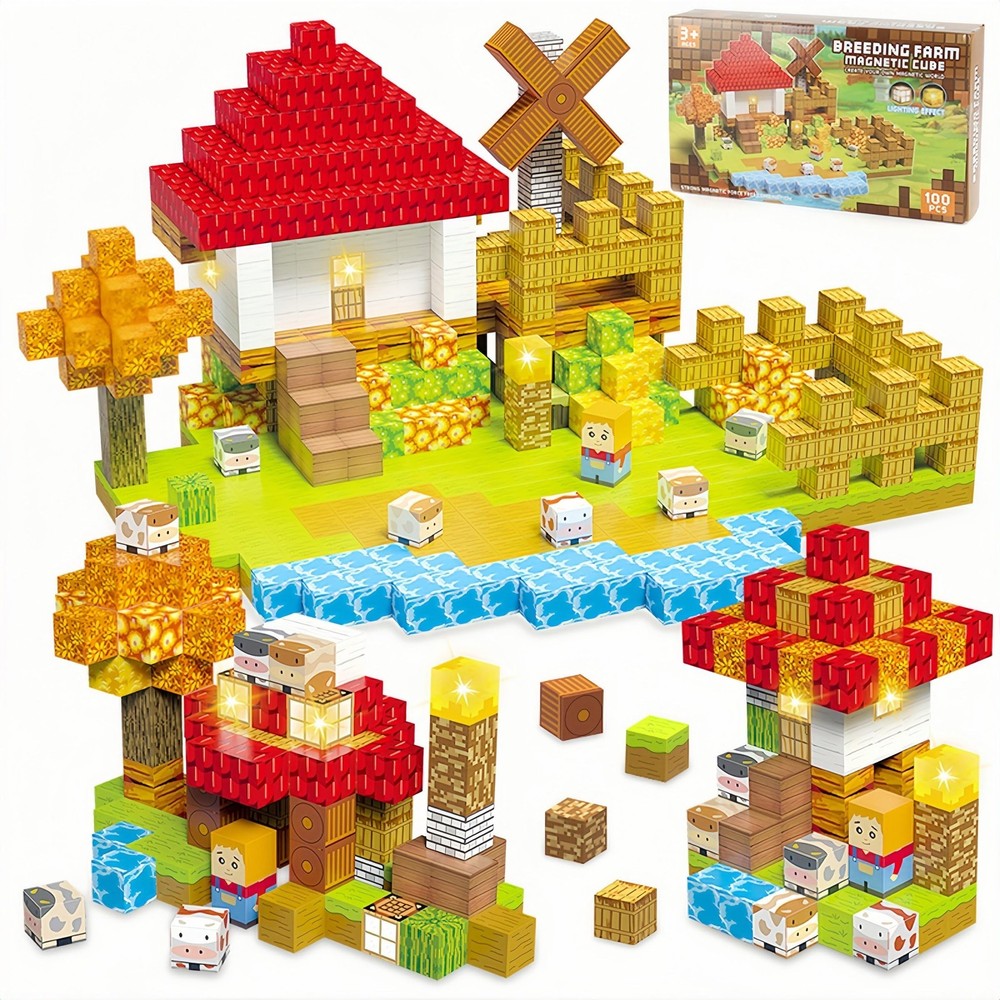 100Pcs Magnetic Building Blocks for Farm & Mine World STEM Play