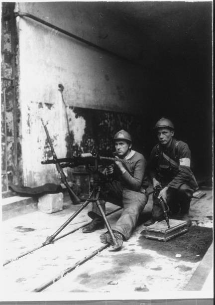 Two French soldiers with machine gun at the entrance to part of th- Old Photo