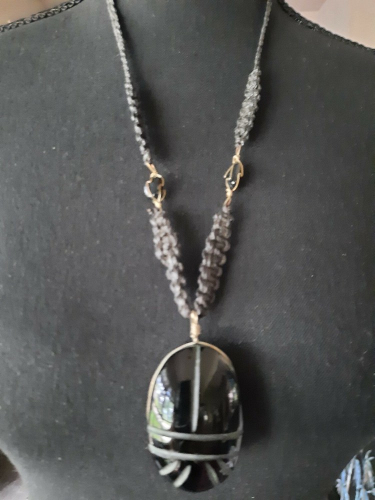 Black Onyx Unisex Wire-Wrapped 2-Inch Carved Stone Necklace