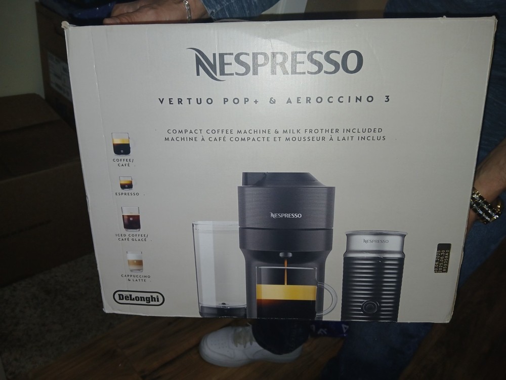 Nespresso Vertuo Pop+ Deluxe Coffee Machine w/ Aeroccino Milk Frother Silver NEW