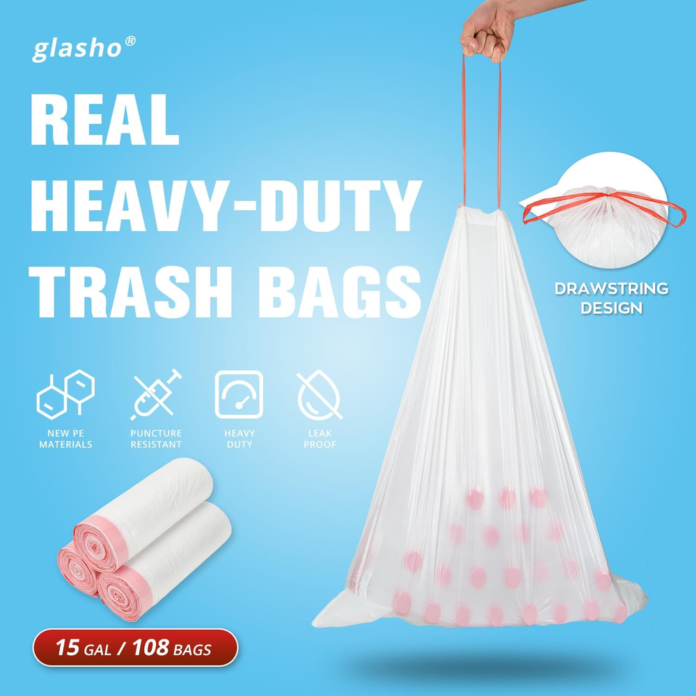 Ultra Thick 15 Gallon Drawstring Trash Bags 108 Count Heavy Duty Large Plastic