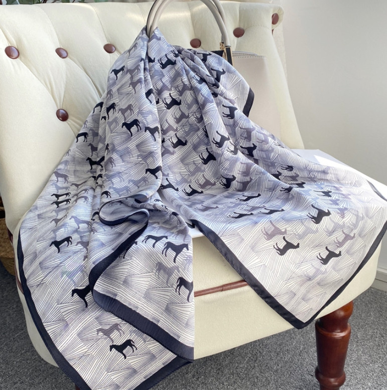 100% Mulberry Silk Black Galloping Horse Print Square Shawl 88cm