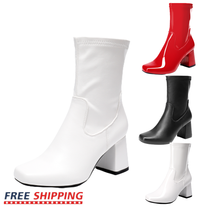 Women’s Chunky Block Heel Square Toe Side Zipper Mid Calf GoGo Boots